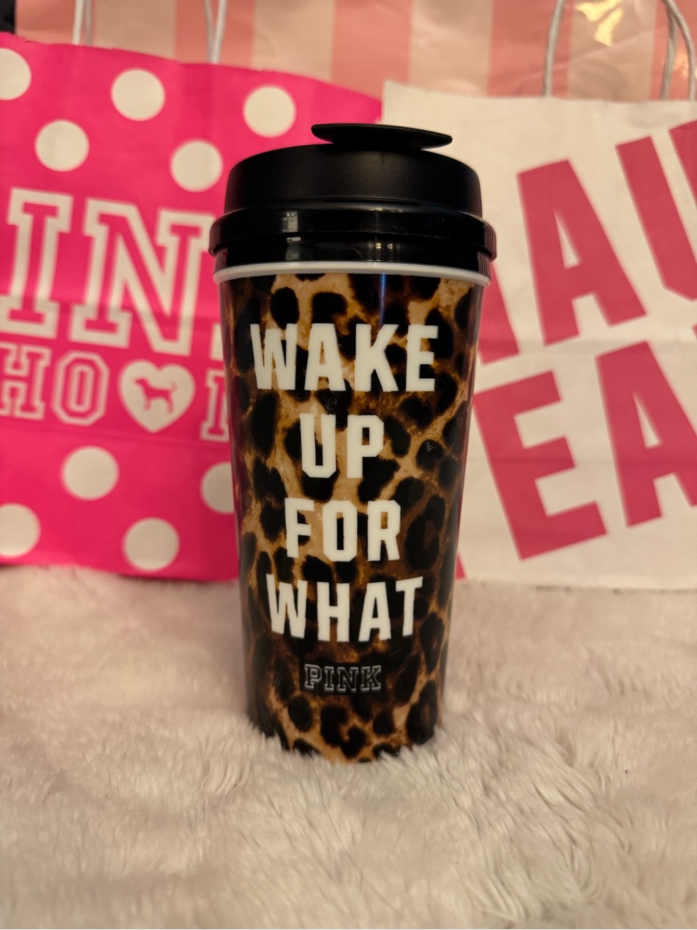 VS PINK VINTAGE Y2K TUMBLER CUP LEOPARD CHEETAH “WAKE UP FOR WHAT”16oz RARE HTF